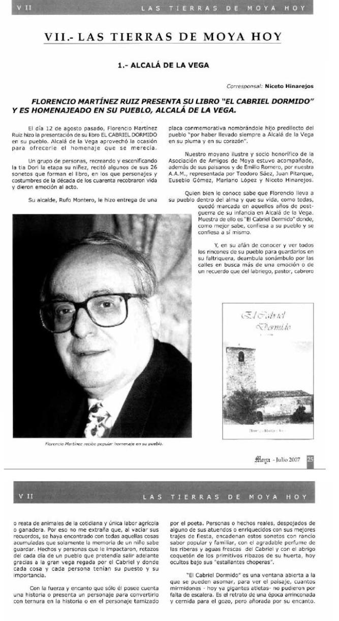 Artículo sobre el Socio de Honor de la Asoc. de Amigos de Moya, Florencio Martínez Ruiz